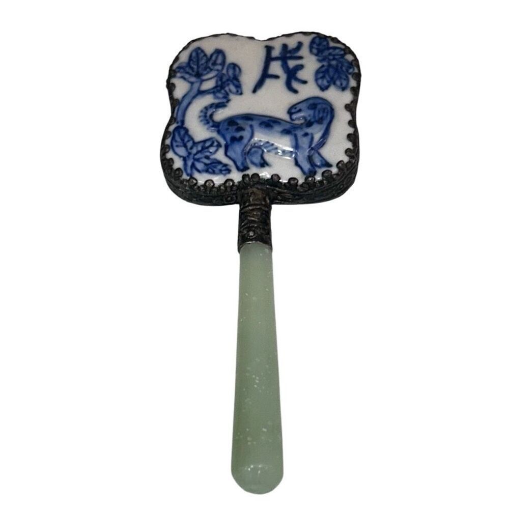 Vtg Chinese Hand Mirror Rounded Corner Squircle W/ Jade Handle & Porcelain Back